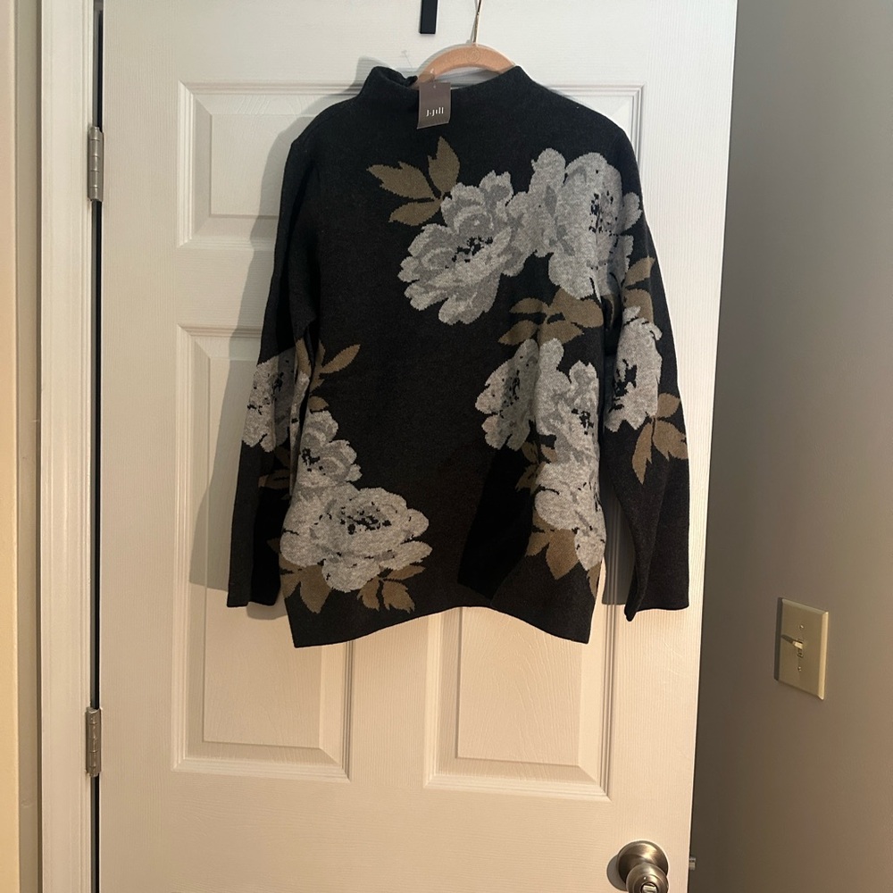 J Jill Funnel Neck Floral Sweater, Charcoal Greyw/ white flowers,  NWT, Medium